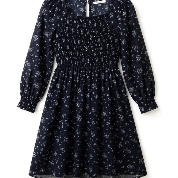 NWOT Size Medium Allegra K Navy Floral Long Sleeve Smocked Mini Dress - Picture 3 of 7
